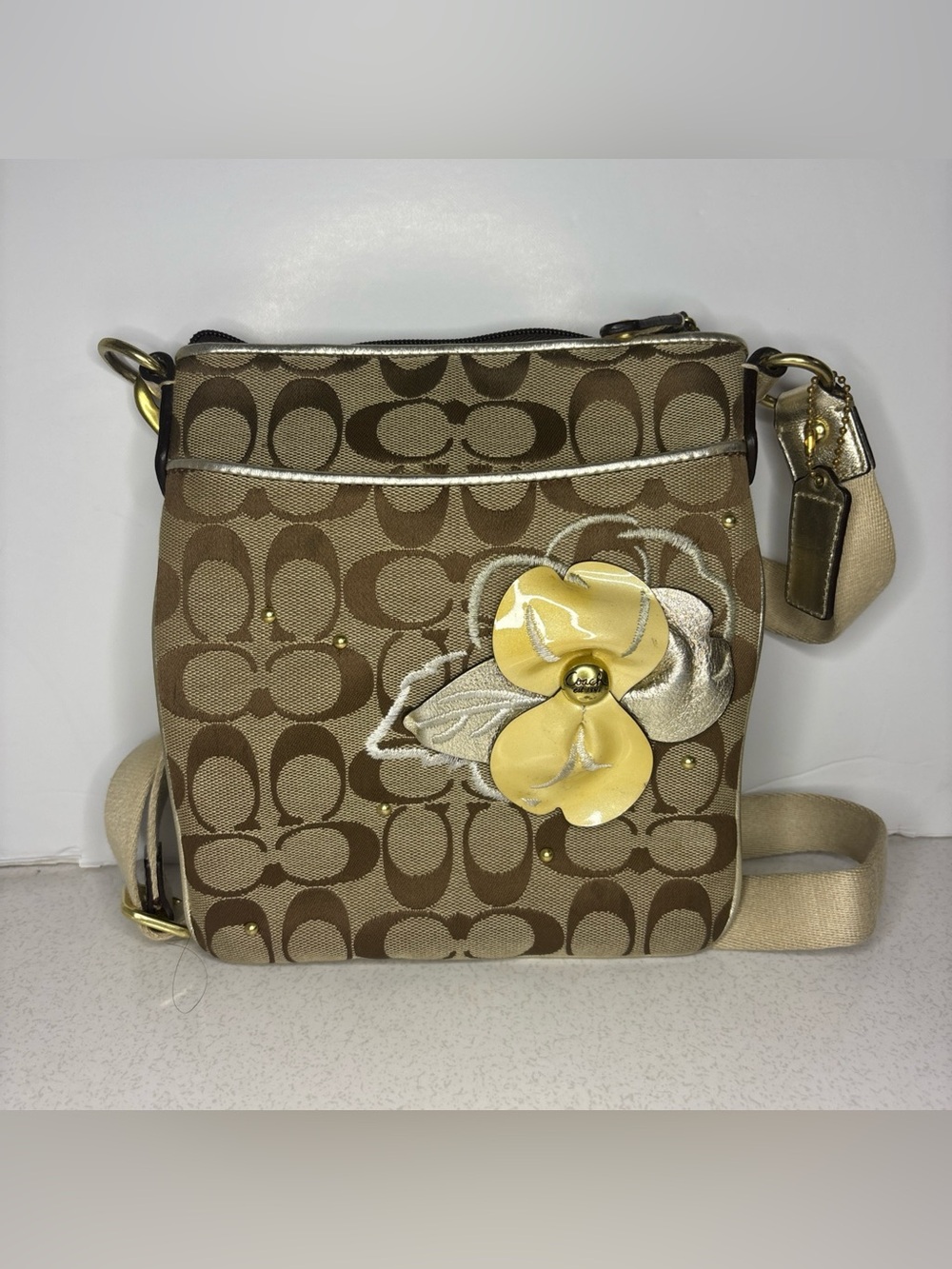 Coach Crossbody Bag With Large Flower, Gold Leather & Khaki Signature Jacquard